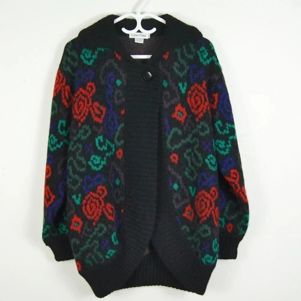 Rare Vintage 80s 90s Lancome Abstract Floral Wool Knit Wool Cardigan Sweater